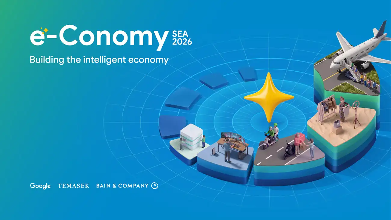 Cover of the e-Conomy SEA 2026 report: an illustrated city ring with an airport, a market stall, scooters and data servers