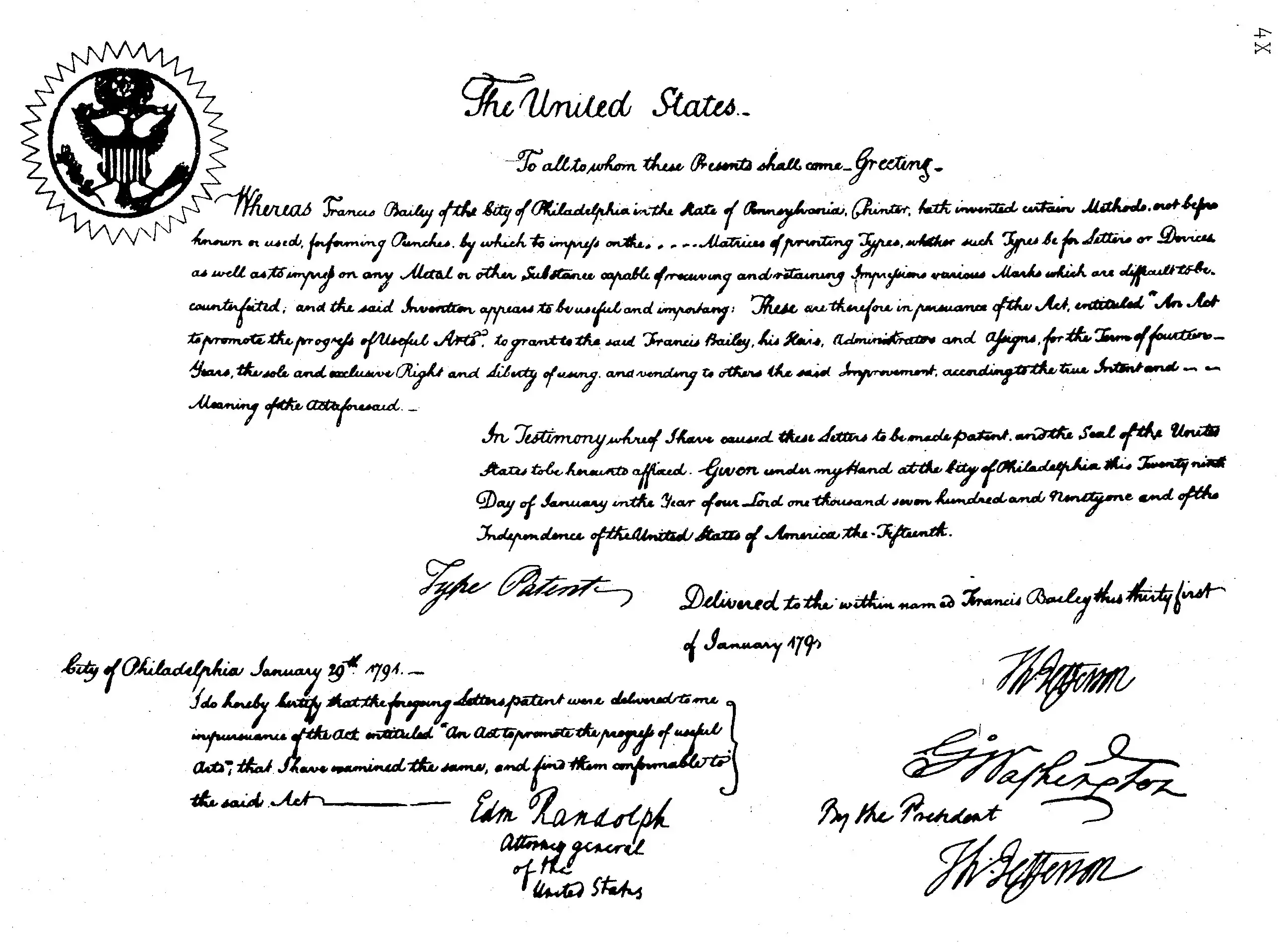 A handwritten US patent from 1791 granted to Francis Bailey, with the national seal and signatures at the bottom