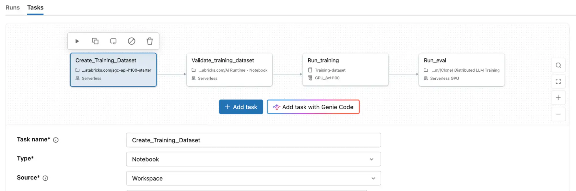 Databricks job view with four connected tasks: create training dataset, validate training dataset, run training on 8 H100 GPUs, and run evaluation