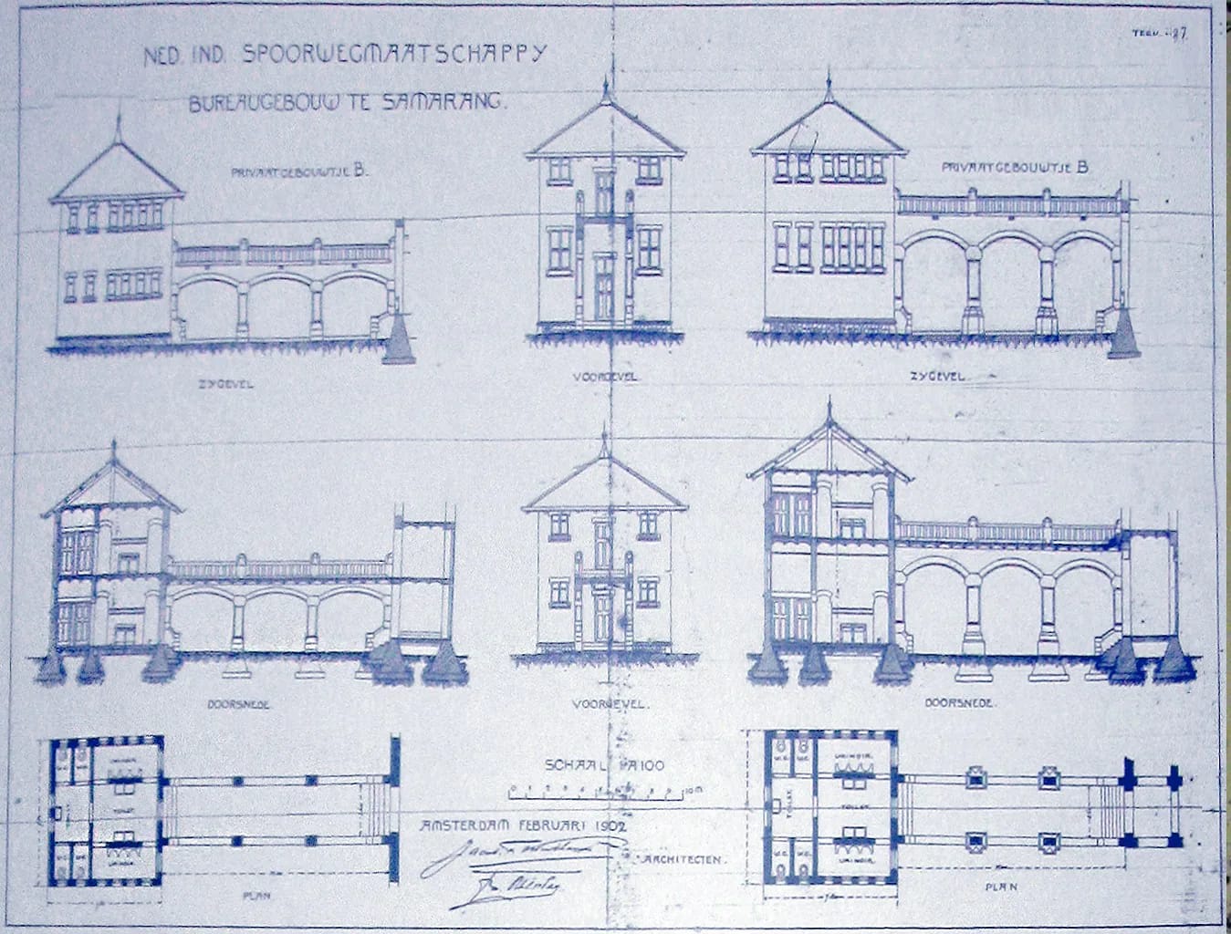 Blue architectural drawing from 1902 showing side and front elevations, cross-sections and floor plans of a two-storey office building