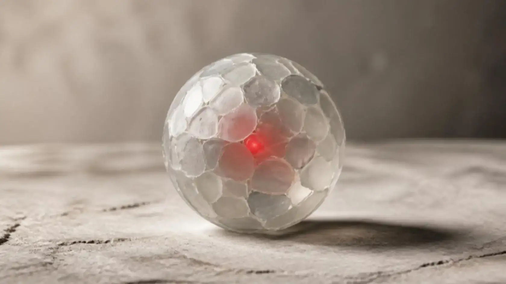 A frosted glass sphere made of many facets, a red light glowing at its center