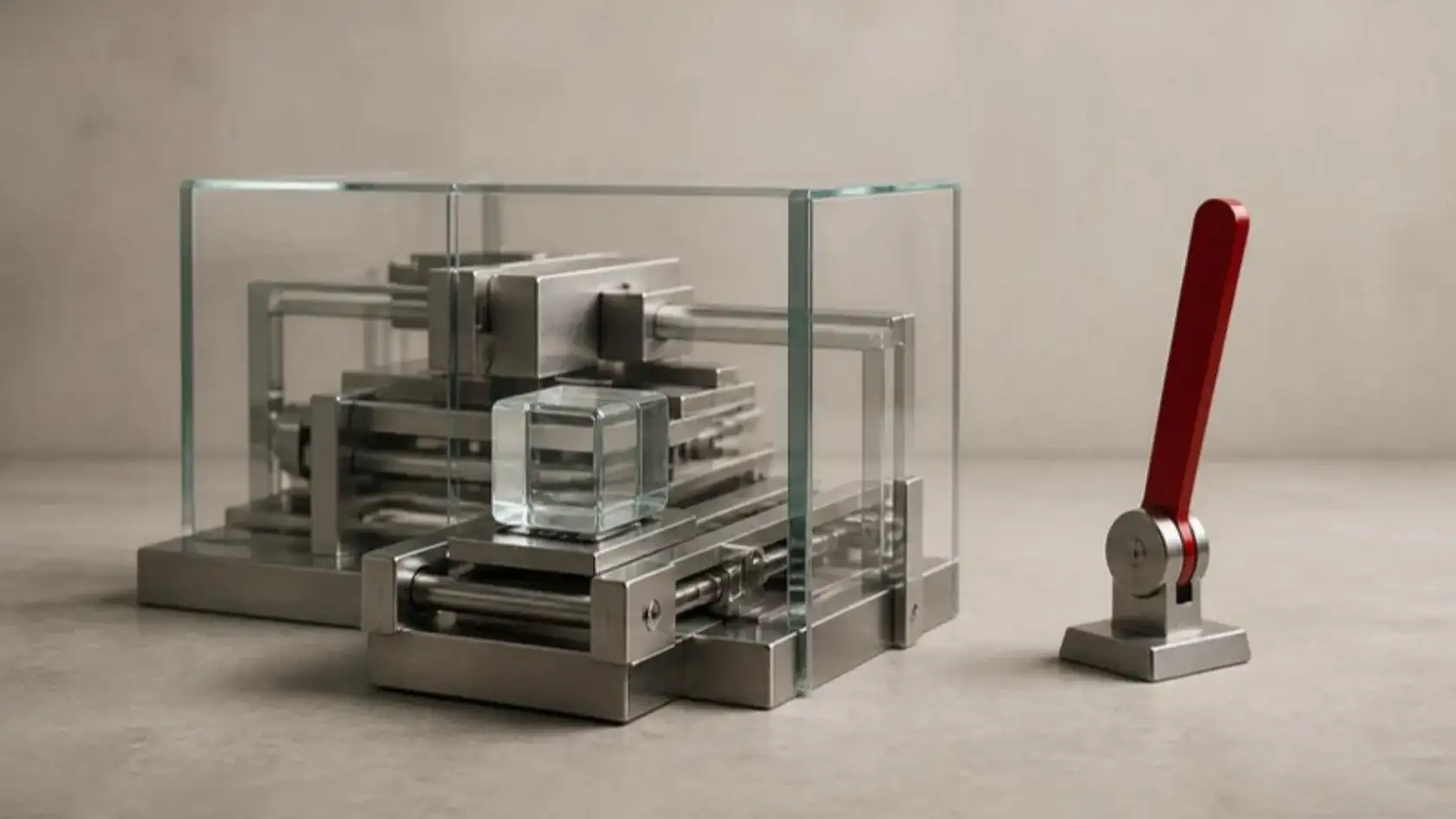 A glass case of interlocking steel mechanisms, a single red lever standing beside it