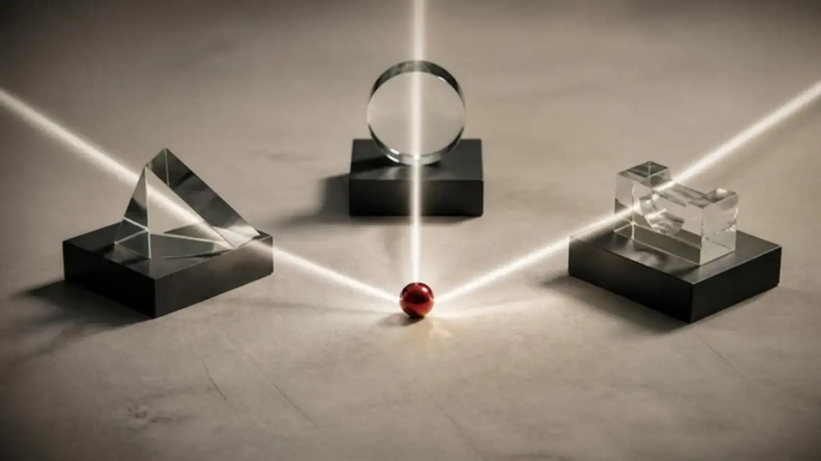 Three glass shapes on black plinths, a prism, a lens and a cube, sending beams of light that meet at one red bead