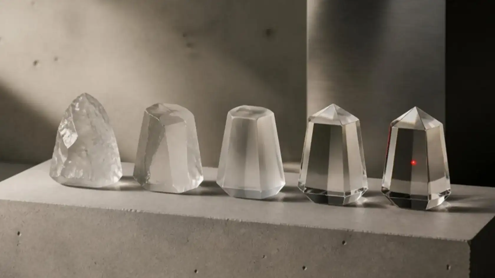 Five glass forms in a row on a concrete plinth, from a rough crystal to a cut prism with a red point inside