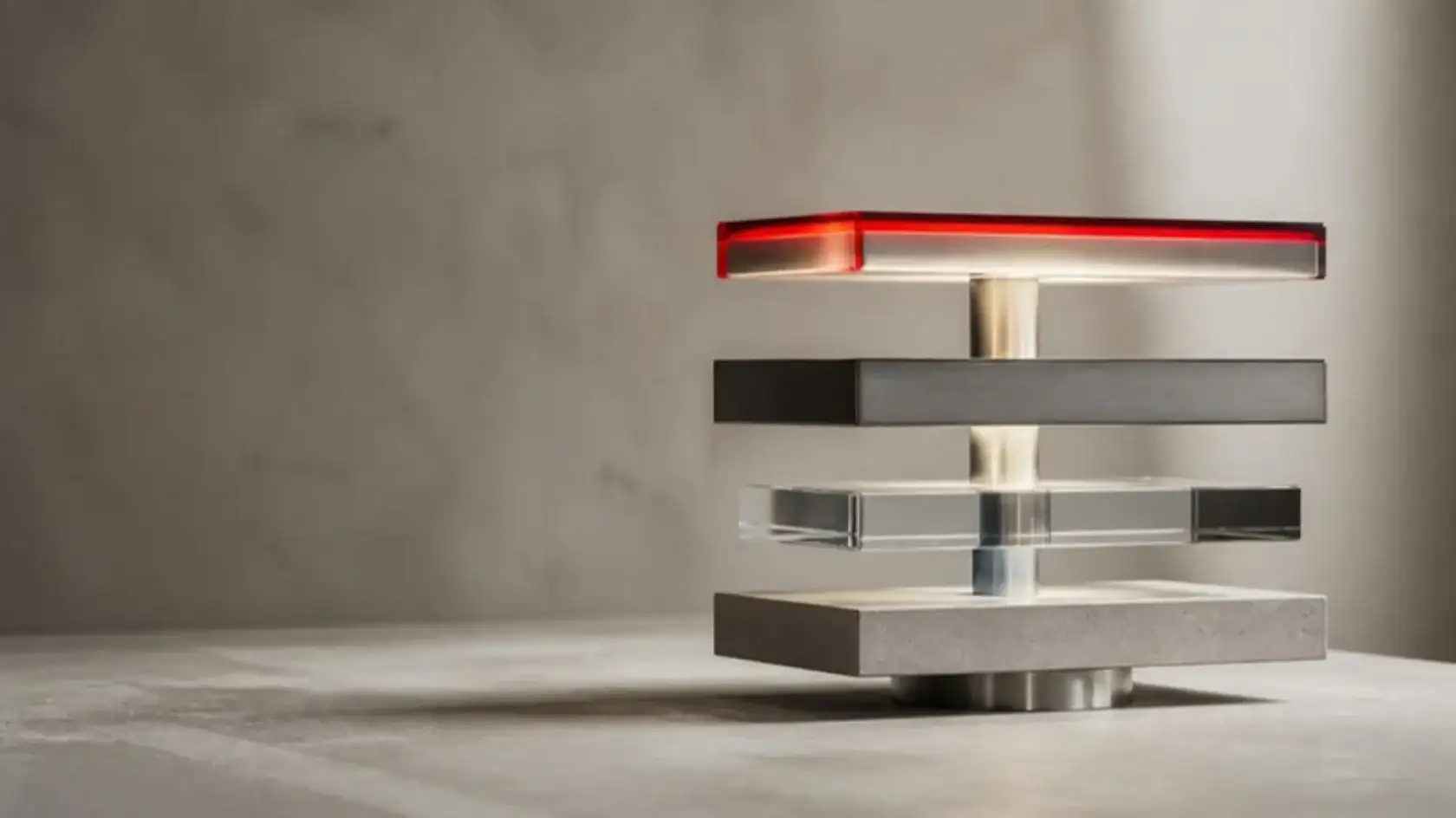 A stack of glass, steel and stone platforms on one central column, the top layer lit red