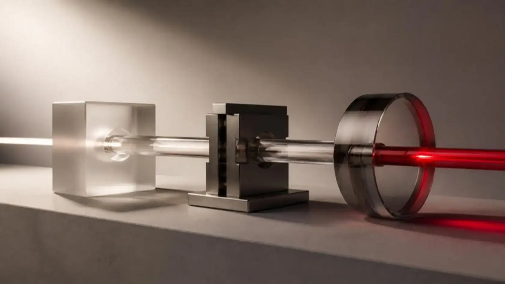 A glass cube, a steel frame and a steel ring set in a line along one beam of light that leaves the ring red