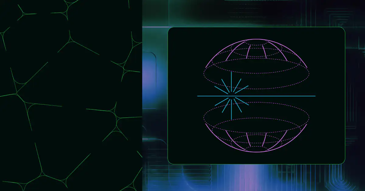 Illustration of a wireframe globe split in two by a horizontal line, with a burst of light at the break, beside a dark panel of thin green network lines